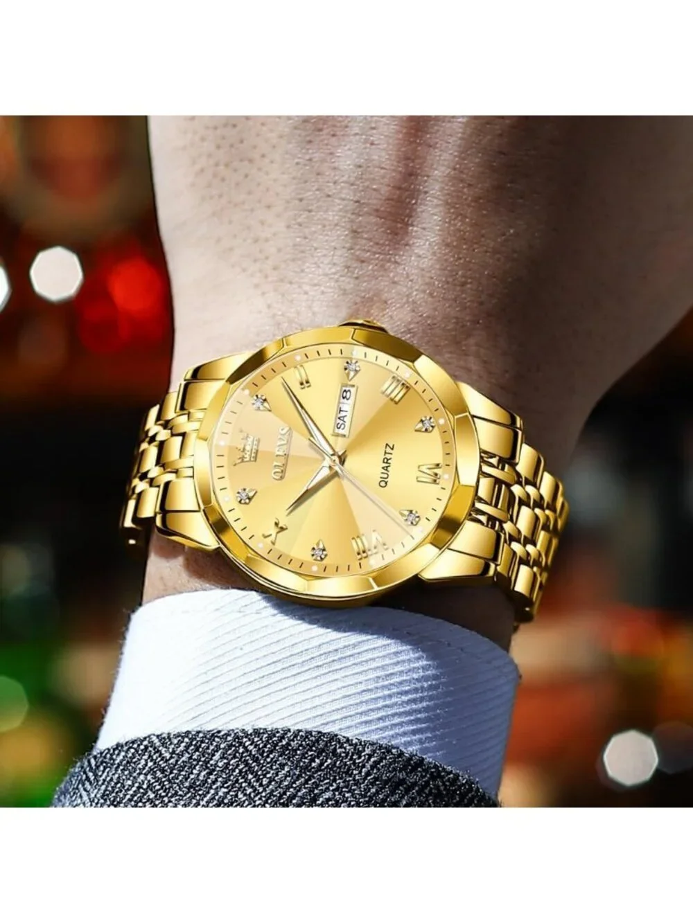 Men's All Gold Stainless Steel Analog Quartz Diamond Waterproof Luxury Watch